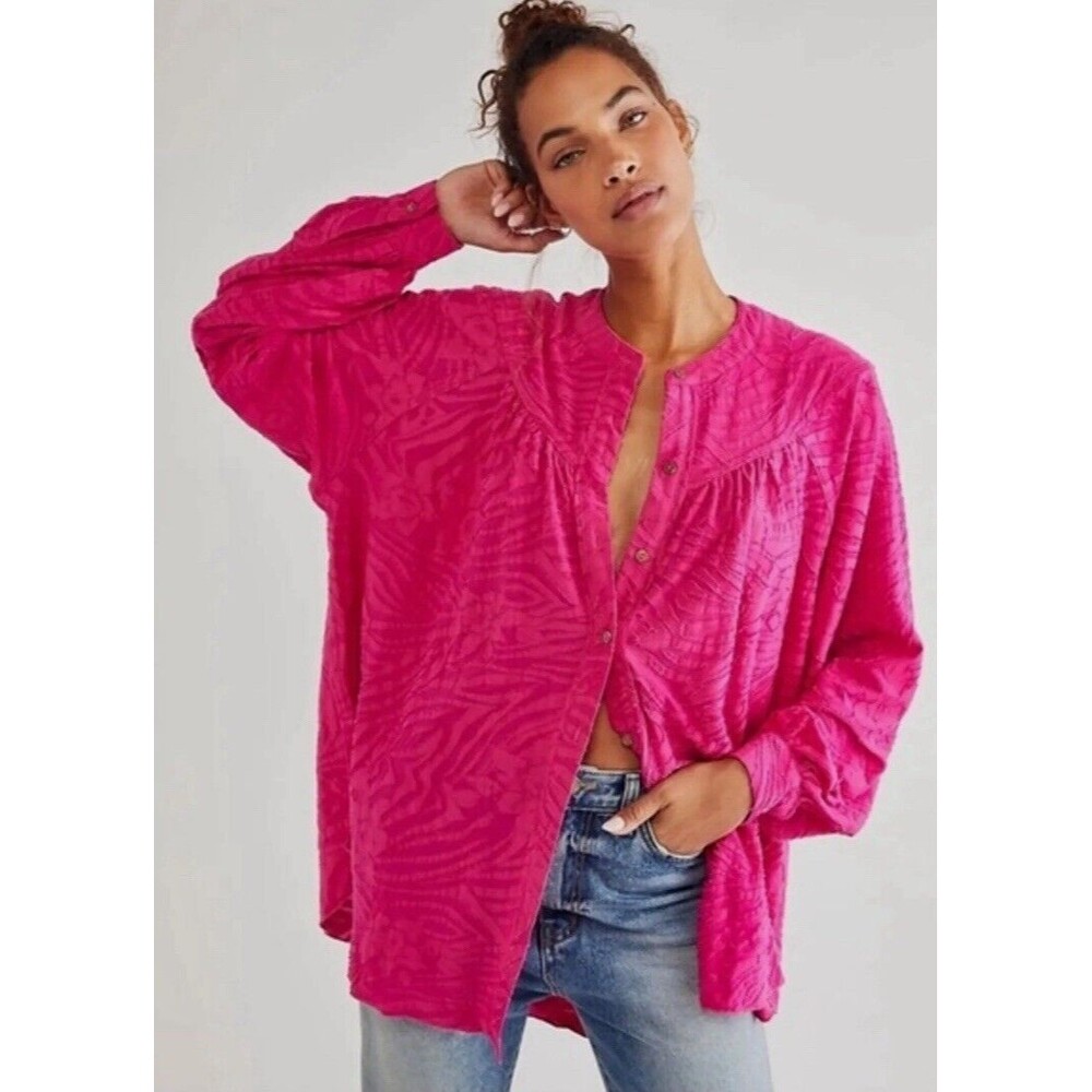 Free People Fuchsia Button-Front Textured Tunic